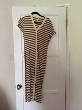 Striped Button-Front Midi Dress in Brown and Cream